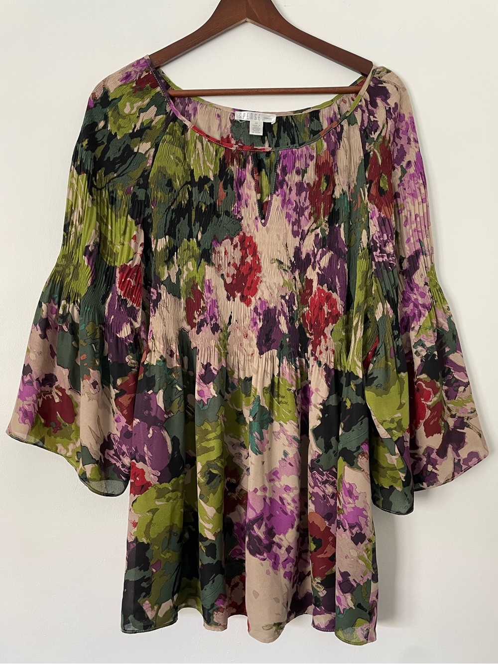 Spense 2X Floral Tunic Blouse Pleated Bell Sleeve Boho Flowy Watercolor Artsy